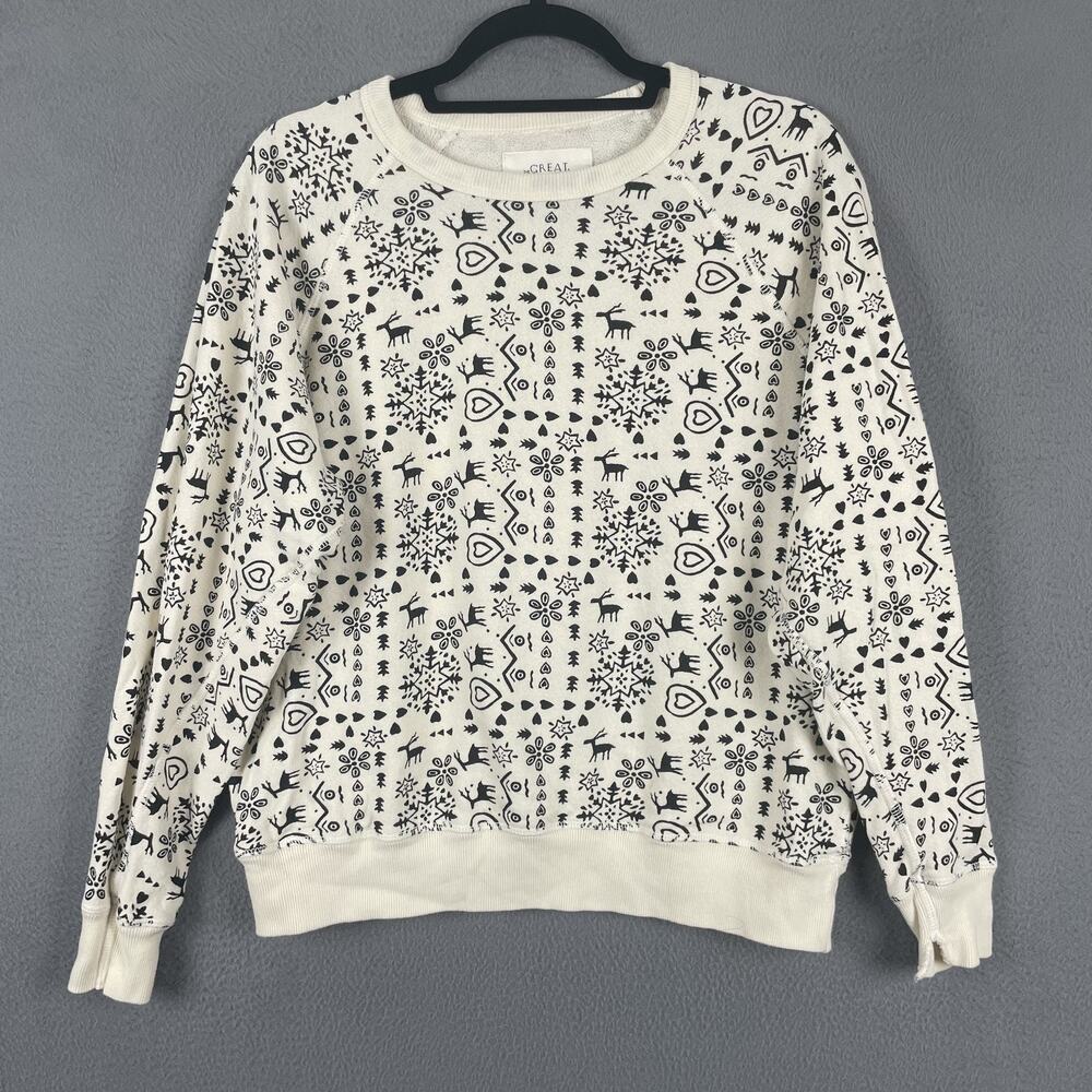 THE GREAT. Cream and Black Patterned Crew Neck Sweater